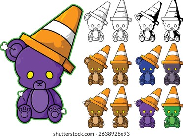 This vector illustration set features adorable teddy bears wearing playful traffic cone hats.