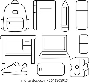 This vector illustration set features 12 school supply items drawn in a clean, minimal outline style. Includes backpack, notebook, pencil, ruler, laptop, and more. Ideal for educational materials