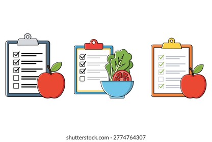 This vector illustration set features three distinct clipboards with checklists paired with healthy food items like fresh apples and salad for diet tracking and wellness planning.