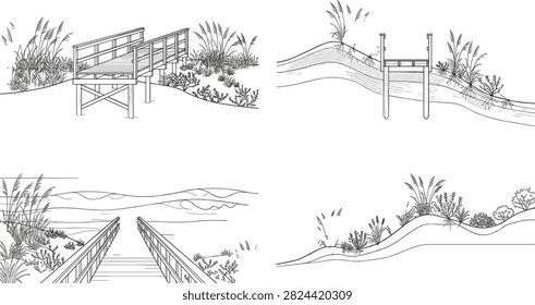 This vector illustration set features detailed coastal dune environments with wooden boardwalks, sand dunes, and native vegetation. Ideal for environmental design projects, educational materials, and coastal conservation concepts.
