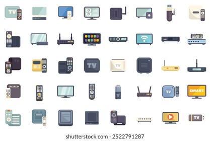 Este conjunto de Ilustraciones vectoriales incluye los conceptos de ver televisión, entretenimiento en el hogar y dispositivos de transmisión