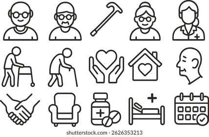 This vector illustration set includes symbols representing SEO optimization tools such as graphs, magnifying glasses, gears, and targets, highlighting essential concepts in digital marketing.