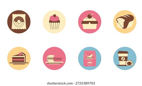 This vector illustration showcases an assortment of baked goods and desserts, presented in a set of circular icons. The vibrant color palette incorporates shades of brown, pink, and yellow. The style suggests a clean design suitable for various uses, including marketing materials and web design.