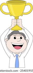 This vector illustration showcases a cheerful businessman lifting a golden trophy above his head, symbolizing success, dedication, and perseverance