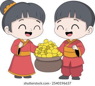 This vector illustration showcases a cheerful Chinese boy and girl dressed in vibrant traditional outfits, joyfully holding a pot filled with gold coins