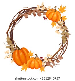 This vector illustration showcases a circular autumn wreath decorated with pumpkins, fall leaves, branches, and small berries, ideal for creating festive banners, invitations, or seasonal designs.