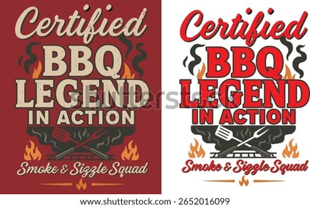 This vector illustration showcases classic backyard BBQ vibes with flames, meat skewers, sausages, and humorous quotes. Ideal for summer parties, Father's Day gifts, or 4th of July cookouts. 