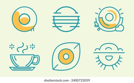 This vector illustration showcases a collection of six minimalist icons. The icons represent a plate with food, a sunset or sunrise, a hot beverage, an eye, and the sun shining brightly.