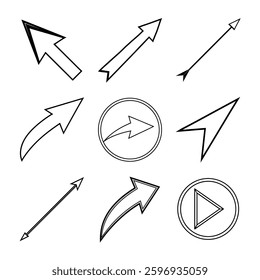 This vector illustration showcases a collection of outlined arrows in different styles and directions. The arrows vary in shape, including curved, straight, diagonal, and circular designs