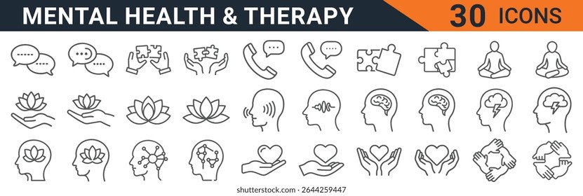 This vector illustration showcases a collection of 30 meticulously crafted line icons, all centered around the themes of mental health, therapy, and overall wellness. The icons depict a range of con