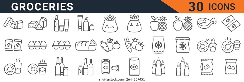 This vector illustration showcases a collection of 30 meticulously crafted line icons representing a wide variety of grocery and food items. The icons are designed in a clean, minimalist style, usin