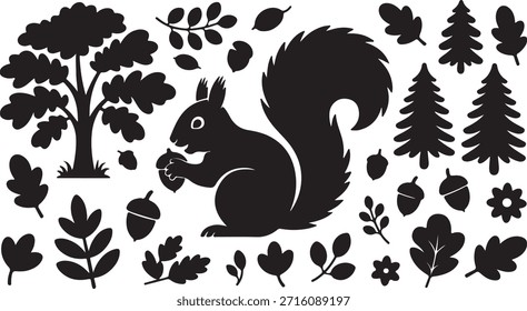 Esta Ilustración vectorial muestra una colección de Elementos forestales, incluida una ardilla que sostiene una bellota. Cuenta con árboles, hojas, bellotas, plantas. Utilice este conjunto para crear gráficos relacionados con la naturaleza, los animales, la temporada de otoño o cualquier diseño que necesite un toque de vida silvestre y encanto rústico.