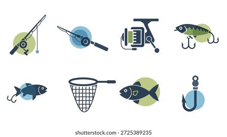 Esta ilustração vetorial mostra uma coleção de equipamentos de pesca, incluindo varetas, bobinas, iscas, um peixe, uma rede e um gancho, apresentados em um estilo limpo e gráfico. A arte-final apresenta uma paleta de cores limitada de azul e verde contra um fundo branco, sugerindo um cenário de uso digital ou comercial. É adequado para vários projetos de design.