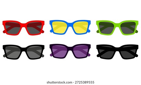 Esta Ilustración vectorial muestra una colección de gafas de sol en varios colores, incluyendo rojo, azul y verde. La composición presenta una disposición simétrica, con cada par de vasos mostrando un tono diferente. Esta Imagen, con su diseño plano y colores brillantes, es adecuada para Usos comerciales relacionados con la moda, los accesorios y el estilo.