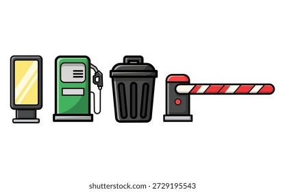 Esta Ilustración vectorial muestra una colección de Elementos urbanos y de servicios comunes, que incluyen una cartelera digital, una bomba dispensadora de gasolina, un bote de basura y un brazo de barrera para el tráfico.