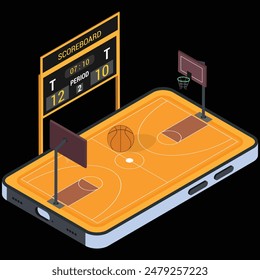 This vector illustration showcases a complete basketball court displayed on the screen of a smartphone.  The scoreboard displays the current score and time.