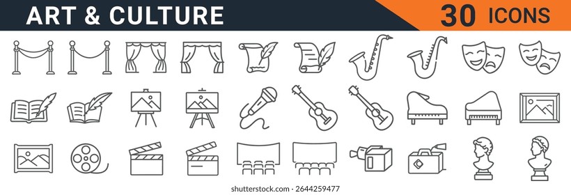 This vector illustration showcases a comprehensive collection of 30 meticulously crafted line art icons, each representing a distinct facet of art and culture. The icons encompass a broad spectrum o