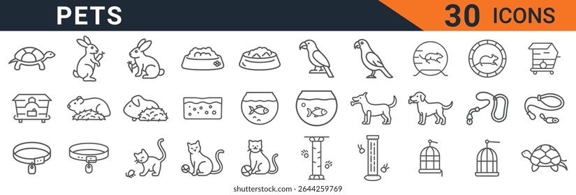 This vector illustration showcases a comprehensive collection of 30 meticulously crafted line icons, all centered around the theme of pets and pet-related items. The icons depict a diverse range of