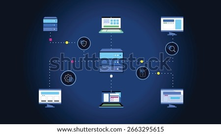 
This vector illustration showcases a comprehensive cloud computing ecosystem, highlighting data flow between servers, user interfaces, and security elements. It emphasizes seamless integration.