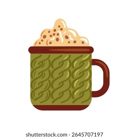 This vector illustration showcases a cozy mug with a textured green knitted design filled with frothy cream. It s perfect for conveying warmth and comfort, ideal for seasonal beverage themes.