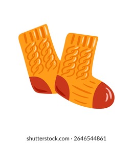Esta ilustração vetorial mostra meias de laranja tricotadas aconchegantes acentuadas com detalhes vermelhos brilhantes. Ideal para dias frios, eles oferecem calor e estilo, tornando-os um acessório perfeito para moda de inverno.