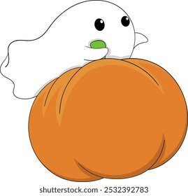 This vector illustration showcases a cute ghost character flying while holding onto a large, bright orange pumpkin, capturing the spirit of Halloween in a playful and charming style