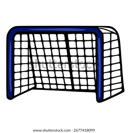 This vector illustration showcases a detailed hockey goal net, rendered in a bold, hand-drawn style with a navy blue frame and black netting, offering a unique visual representation for sports-them...
