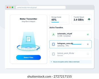 Esta Ilustración vectorial muestra una interfaz de transferencia de archivos digitales. Destaca el progreso del Cargar, la cuota de almacenamiento y las Configuraciones de velocidad de transferencia para un sistema de transferencia de archivos virtual.