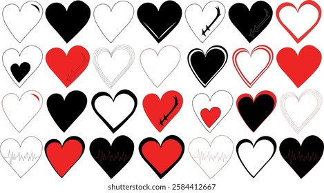 This vector illustration showcases a diverse collection of heart designs in black, red, and white, making it a perfect addition to various creative projects. The set features a range of artistic style