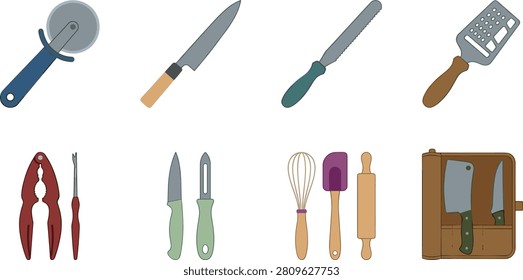 This vector illustration showcases a diverse set of kitchen utensils including a pizza cutter, chef knife, bread knife, grater, nutcracker, peeler, whisk, spatula, rolling pin, and knife case. Each item is depicted in a clean, modern style, making this collection ideal for culinary education materials, cooking infographics, restaurant branding, and kitchen-themed creative projects.