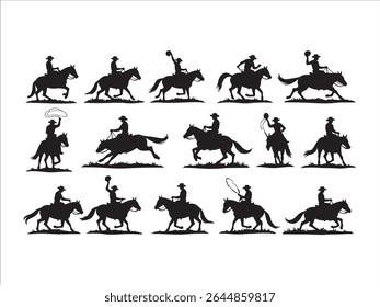 Esta ilustração vetorial mostra uma coleção de silhuetas dinâmicas de cowboys envolvidos em atividades de rodeio clássico e ações ocidentais.