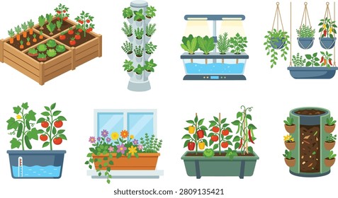 This vector illustration showcases eight modern home gardening setups, including raised garden beds, hydroponic towers, indoor grow light systems, hanging planters, self-watering containers, window boxes, rectangular planters, and vertical composting towers. Perfect for eco-friendly design projects, sustainability campaigns, agricultural education, and urban gardening visuals.