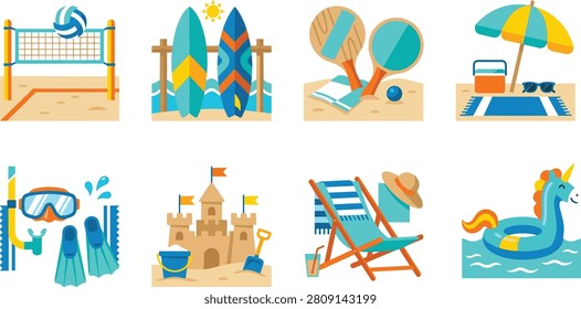 This vector illustration showcases eight vibrant beach and summer-themed scenes, including volleyball net, surfboards, paddle games, umbrella with towel setup, snorkeling gear, sandcastle, beach chair with drink, and unicorn float. Perfect for travel graphics, summer event posters, vacation branding, and leisure lifestyle design projects.