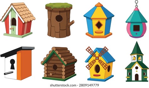 This vector illustration showcases eight unique birdhouse designs, including classic wooden, tree trunk, geometric, hanging, modern, log cabin, windmill, and church-style houses. Each birdhouse features distinct shapes, colors, and architectural details, making this set ideal for garden decor, wildlife conservation graphics, and creative design projects.