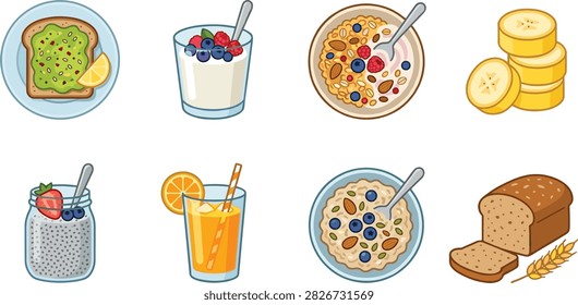 This vector illustration showcases eight nutritious breakfast items arranged in two rows. The set includes avocado toast with lemon, yogurt topped with berries, granola with fruits and nuts, sliced banana, chia pudding with strawberries, orange juice with ice and straw, oatmeal with blueberries and almonds, and whole grain bread with wheat. Each element is drawn in a clean, colorful style, perfect for health food branding, nutrition infographics, and wellness-themed creative projects.