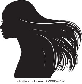 Esta Ilustración vectorial muestra la silueta elegante de una mujer de perfil, caracterizada por su cabello largo voluminoso y bellamente fluido. Los detalles intrincados del cabello se destacan por sutiles líneas blancas contra la forma negra profunda, creando una sensación de movimiento y textura. Lleva un estilizado pendiente circular con