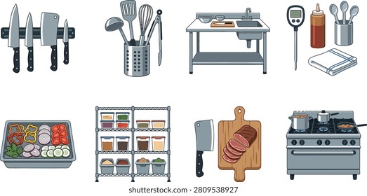 This vector illustration showcases essential kitchen tools and equipment used in professional cooking environments, including knives, utensils, stainless steel workstation, thermometer, sauce bottle, towels, ingredient trays, spice shelves, cutting board with meat, and stove with pots. Perfect for culinary education materials, restaurant branding, food preparation infographics, and cooking-themed design projects.