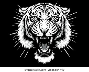 This vector illustration showcases a fierce roaring tiger with sharp teeth and intense eyes, symbolizing strength, power, and dominance. The detailed black-and-white artwork highlights the tiger’s maj