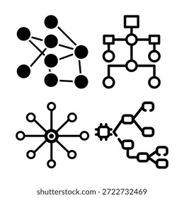 Esta Ilustración vectorial muestra cuatro diagramas de red distintos que representan las conexiones y el flujo de datos. Ideal para la tecnología, la comunicación y los conceptos abstractos en el Diseño gráfico.
