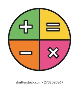 This vector illustration showcases the four fundamental arithmetic operations—addition, subtraction, multiplication, and division—each represented by a distinct symbol within a vibrant, segmented circle. Perfect for educational materials, presentations, and design projects.