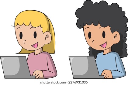 This vector illustration showcases a girl working in front of a notebook, perfect for use in a wide range of educational and office-related projects.
