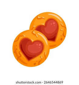 Esta ilustração vetorial mostra biscoitos em forma de coração, lindamente preenchidos com geleia vibrante. Ideal para doces, celebrações festivas e ocasiões românticas, adicionando charme a qualquer design de sobremesa.