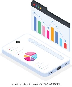 Esta Ilustración vectorial muestra una vista isométrica de un dispositivo móvil que muestra Elementos de análisis de datos, incluido un gráfico de barras de colores, un gráfico circular y una barra de búsqueda.