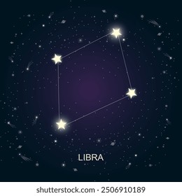 This vector illustration showcases the Libra zodiac constellation against a dark celestial background filled with stars and cosmic elements. Perfect for astrology, horoscope, and night sky-themed.