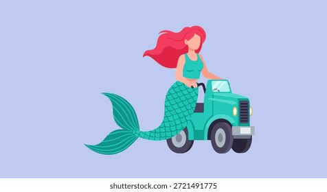 Esta Ilustración vectorial muestra a un personaje de sirena conduciendo alegremente un automóvil de dibujos animados. El estilo de diseño plano, combinado con colores pastel brillantes, crea una estética caprichosa y atractiva para
