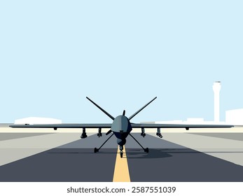 This vector illustration showcases a military drone positioned on a runway, ready for deployment. The sleek, unmanned aerial vehicle (UAV) is designed for reconnaissance, surveillance, and tactical op