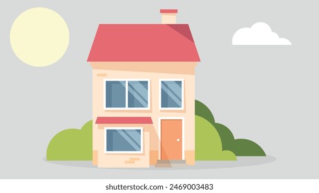 This vector illustration showcases a minimalist two-story house facade with three windows and a central door in pastel colors. The background features stylized plants, enhancing the modern, serene aes