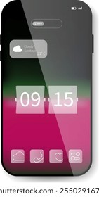 Esta ilustração vetorial mostra uma interface minimalista de smartphone com um widget meteorológico e um design de flip clock.