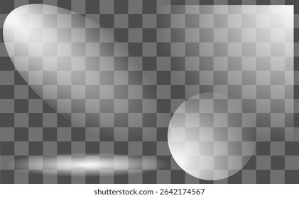 This vector illustration showcases a modern design featuring soft shadows and light reflections on a transparent grid background, suitable for various artistic applications