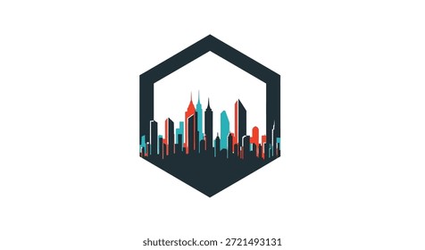 Esta ilustração vetorial mostra uma linha do horizonte da cidade moderna encapsulada dentro de um quadro de hexágono geométrico. O design enfatiza uma estética elegante e contemporânea, ideal para projetos com foco em urbano